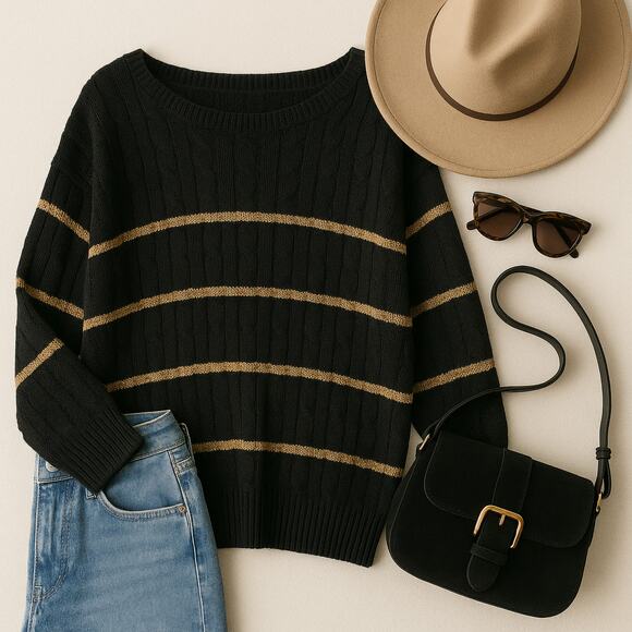 Lauren Ralph Lauren Metallic Stripe Cable Knit Sweater 2X Black Boatneck NWT - Picture 2 of 10